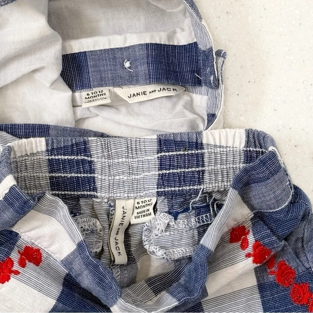 Janie and Jack 2 Piece Floral Top and Shorts Checkered Set, Blue White 6-12 mo